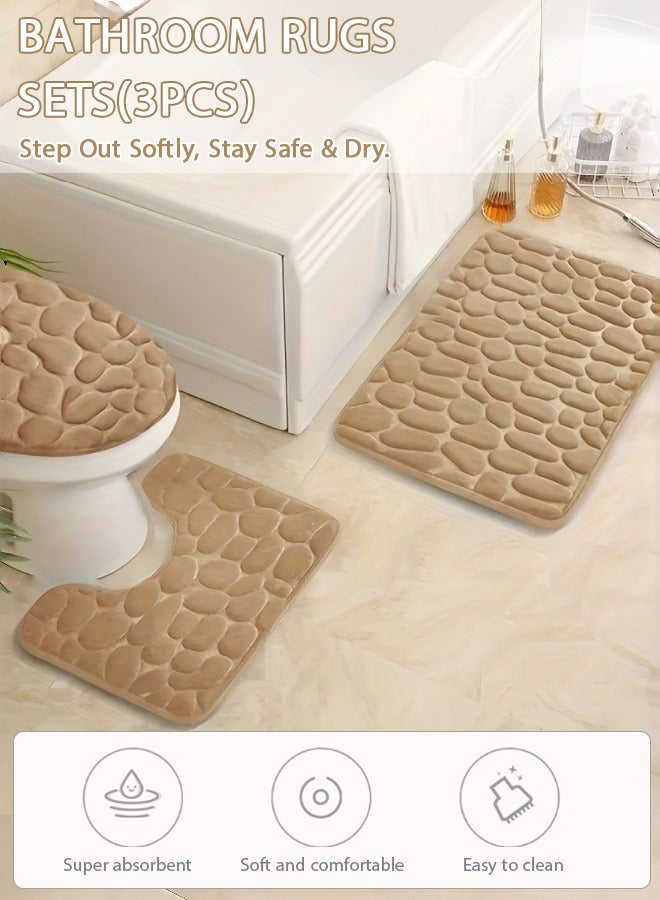 شو وو مجموعات سجاد الحمام 3 قطع ، حصاة ميموري فوم – مفرش حمام سميك جداً وغير قابل للانزلاق، ماص للماء، سجاد دعاسة حمام كاكي قابل للغسل للحوض والمرحاض والأرضية. - Image 1